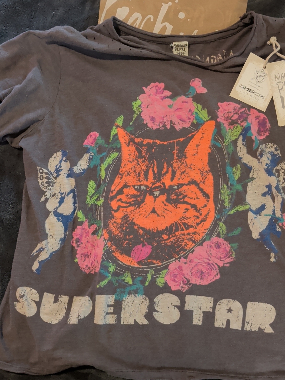 Magnolia Pearl Charcoal Tee with Pink & Orange Floral Cat Graphic
